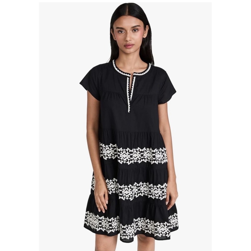 Roller Rabbit Pamela Dress Black White Embroidered Tiered Cotton Womens M